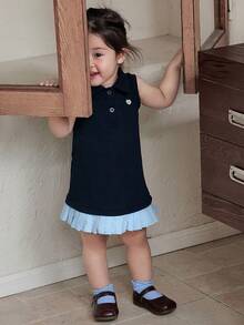 Baby Girl Casual Sleeveless Dress With Collar, Contrast Color And Ruffle Hem Summer Baby Girls Clothes - Navy Blue - View 9