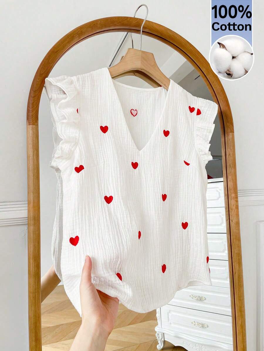 SHEIN Frenchy Women's Casual Heart Embroidery Textured Ruffle Hem Blouse, Summer - White - View 1