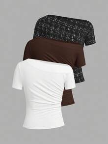 Ellevyn 3 قطع تيشيرتات نسائية بياقة غير متماثلة مطوية ضيقة، للارتداء اليومي والمكتبي، صيفية - متعدد الألوان - مشاهدة 8