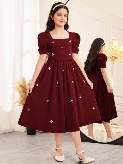 Tween Girl Elegant Pearl Embellished Square Neck Gigot Sleeve Ruffle Hem Woven Satin Dress, Suitable For Weddings, Parties, Birthdays, Gatherings, Spring/Summer