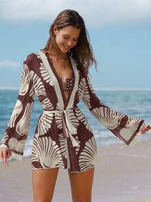 Swim Chiccia Boho Seashell Print Chiffon Kimono Cover Up, Beach Vacation Bohemian Ocean Style - Burgundy - View 4