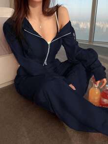 DAZY 2pcs Women Hooded Drawstring Zip-Up Sweatshirt And Elastic Waist Casual Pants Set Tracksuits Women Set Lounge Sets For Women - Navy Blue - View 5