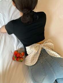 FRIFUL Áo thun nữ cổ tròn chấm bi phối nơ sau lưng, kiểu dáng gợi cảm, ngọt ngào. - màu đen - Xem 2