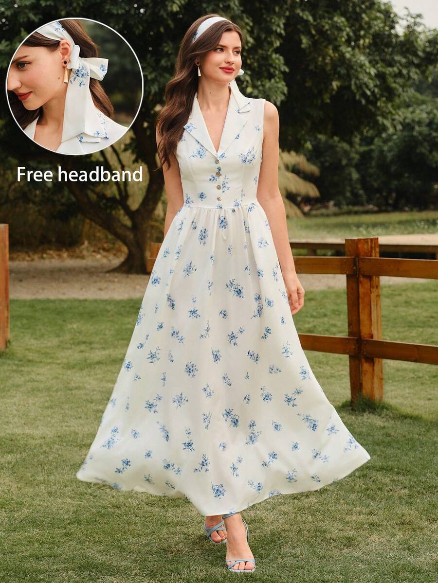 Vintamour Vestido ajustado con cuello y estampado floral elegante y vintage, para primavera/verano - Azul y blanco - Ver 1