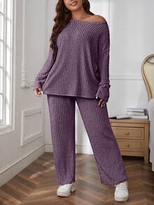 SHEIN Essnce 2pcs Plus Size Solid Color Rib Knit Long Sleeve Top And Pants Set, Casual Autumn - Purple - View 5