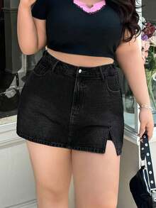 SHEIN ICON Plus Size Women's Casual Denim Shorts - Black - View 3