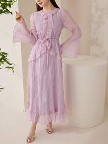 Veilorie Vestido elegante de estilo árabe con mangas acampanadas y ribete de volantes en unicolor para mujer - Rosa vieja - Ver 5