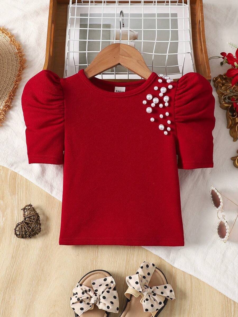 Young Girl Red Casual Daily Round Neck Gigot Sleeve Beaded Snug Fit T-Shirt - Red - View 1