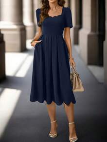 Ellevyn Women's Solid Color Arc Collar Short Sleeve Elegant Mid-Length Dress Navy Blue Elegant Dress Elegant Midi Dress Scallop Neck Dress Pleated Midi Dress Short Sleeve Dress Spring Summer Vacation Women's Day Elegant Work Wear Gift For Mom A-Line Festival Outfit Beach Date Night ,Summer Dress,Spring Dresses For Women - Navy Blue - View 5