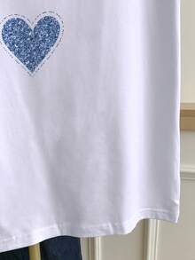 Resyla Plus Size Contrast Color Trim Short Sleeve T-Shirt, Heart Pattern Patchwork For Women, Summer - White - View 5