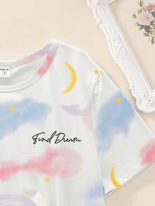 1set Tween Girls Pajamas Set, Fashion New Cloud, Star & Moon Print Short Sleeve Top And Pants, Sleepwear Soft Pajamas Set - White - View 6
