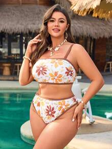 Swim Vcay 2026 New Plus Size Leaf Print Spaghetti Strap Bikini Set - Multicolor - View 4