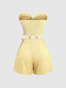 Sweetra Women's Solid Color Tube Top & Shorts 2 Pieces Set, Fitted, Summer - Pale Yellow - View 2