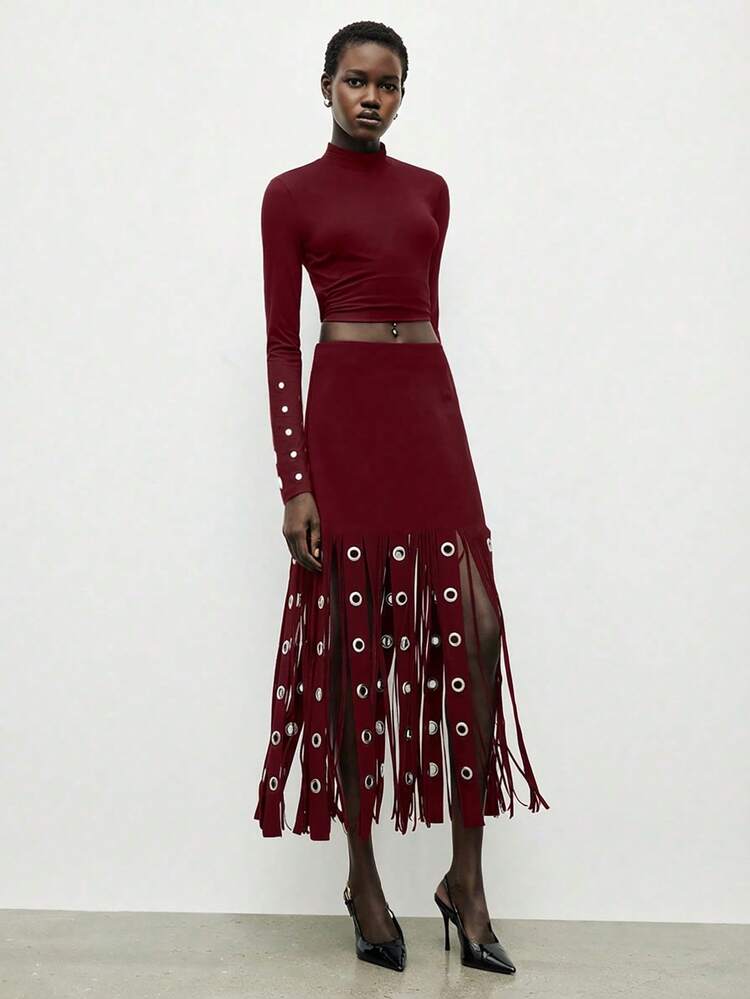 SHEIN Maija Women's Solid Color Minimalist Daily Wear Circle Ring Tassel Skirt Burgundy Skirt Fringe Skirt