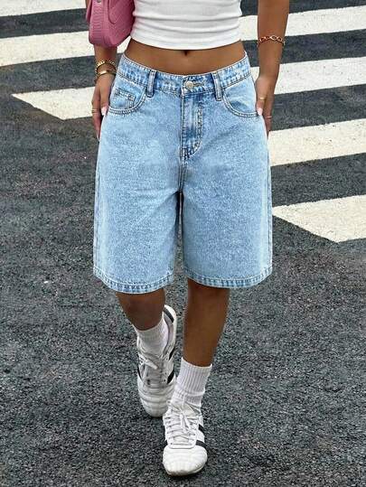 Teen Girl's Y2K Summer Light Washed Baggy Bermuda Short Casual Street Denim Long Shorts, Low Rised Denim Short,Comfortable & Chic Outfits,Casual & Street Style, Summer,Suitable For Spring And Summer Wear, Elegant And Holiday Wear,Spring Break Summer Beach Vacation Wear,Summer Short,White Short