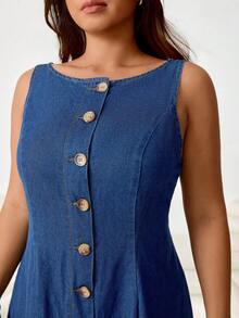 Solflare Plus Size Women Round Neck Single-Breasted Casual Date Daily Denim Dress - Blue - View 6