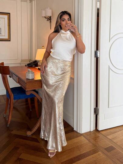 Maria Perezxox 金色纹理低腰超长鱼尾裙金色裙子秋季裙子适合夜店派对外出秋季女装老款上班/办公商务休闲