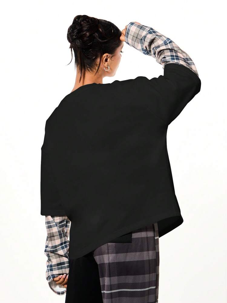 SUMWON At The Rude Script Layered Plaid Sleeve Oversized Sweatshirt Casual Streetwear Fashion Top