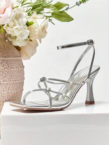 SHUZIA #PartyGlam Women's Square-Toe Sculpted-Heel Cushioned Insole Rhinestone Knot-Strap Silver Dress Sandals – Sparkly, Chic & Elegant Valentine's Day - Silver - View 1