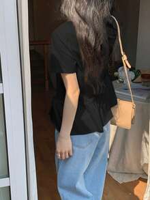 DAZY Women's Round Neck Casual Loose Ruffle Hem Basic Short Sleeve T-Shirt - Black - View 2