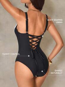 Shapewave 1pc Women's Crossover Tie Waist One-Piece Swimsuit, Beach Vacation - Black and White - View 9