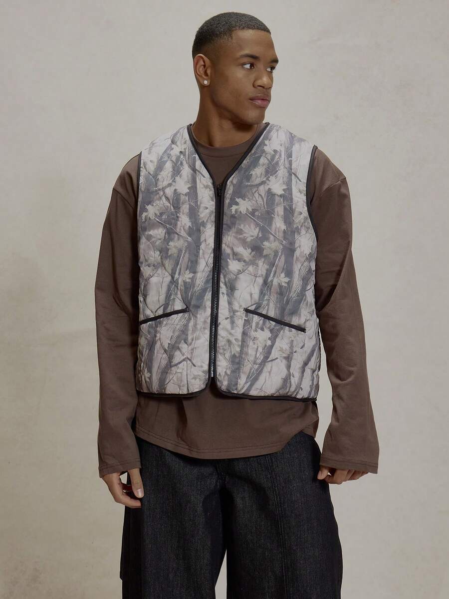 Musero Camo Dimaond Quilt Sleeveless Vest Zip Through Style Padded Gilet V Neck Neckline Winter Essentials - Multicolor - View 1