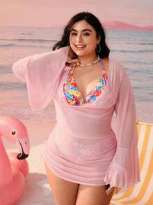 Swim Mod 3pcs Plus Size Women Slimming Floral Print Bikini Set + Cover Up, Summer Vacation Swimsuit - Pink - View 3