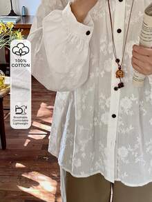 FRIFUL Áo sơ mi nữ dáng rộng thêu họa tiết, phối nút tương phản - Màu be - Xem 1