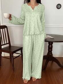 DAZY 两件套女士蝴蝶结领结碎花针织宽松开衫和直筒长睡裤套装，春季睡衣 - 綠色 - 查看 4