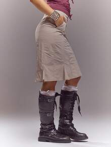 MUSERA Mid Rise Utility Fitted Midi Skirt Spring Summer Cute Sexy Streetwear Night Out Ballet Sleeze - Grey - View 3