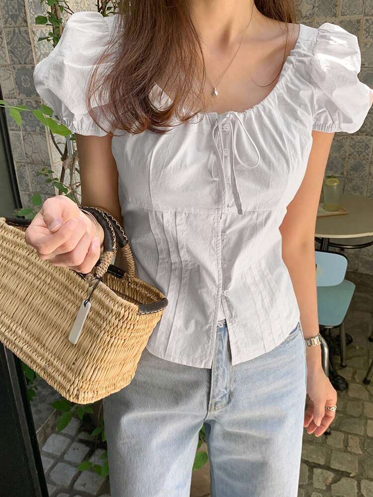 Women's Solid Color Fitted Tie-Waist Puff Sleeve Fitted Short Sleeve Blouse, Pink, Spring/Summer Vacation