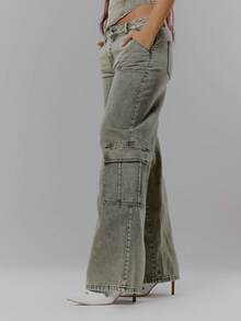 MUSERA Low Rise Washed Denim Cargos Co-Ord Bottom Only Streetwear Coolgirl Winter Sexy Casual Odd Drift - Olive Green - View 3