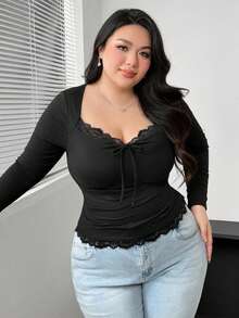 Vibekara 大码V领花卉拼接长袖纽扣腰荷叶边优雅复古休闲可爱性感度假T恤，秋冬款 - 黑色 - 查看 4