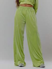 MUSERA Velour Stripe Back Detail Wide Leg Joggers Tracksuit Bottoms Only Streetwear Coolgirl Winter Sexy Casual Odd Drift - Green - View 2