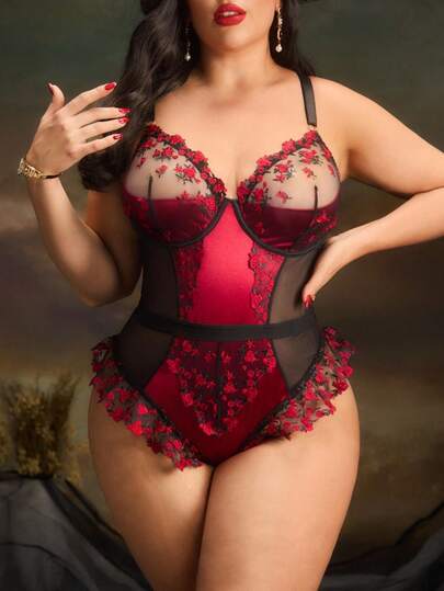 1件加大码网纱刺绣性感连体睡衣