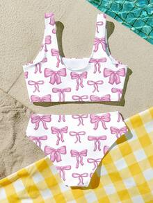 可爱芭蕾舞风格粉色蝴蝶结印花图案，ins风，姐妹/闺蜜同款，少女休闲简约吊带背心和三角比基尼泳衣套装，适合夏季、复古、撞色、卡哇伊、派对、2026夏季、田园风、玩耍、周末休闲、家庭出游、拍照服装 - 彩色 - 查看 6