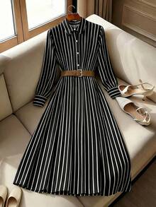 Franclia Women's New Striped Shirt Waist Slim Fit Dress - Black and White - View 1