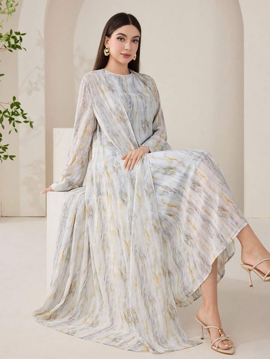 Veilorie 女士扎染印花长袖长袍连衣裙阿拉伯套装 - 彩色 - 查看 1