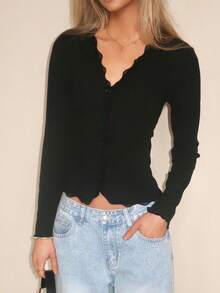 Sydney Algeri Cárdigan ajustado con manga larga y volantes de encaje para mujer - Negro - Ver 6