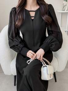 FRIFUL Đầm nữ màu trơn cổ khoét, tay voan mỏng, eo thon, dáng xòe, kiểu dáng thường ngày và đa năng. - màu đen - Xem 2