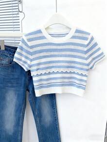 Lyxana 时尚百搭镂空条纹女士针织上衣 - 藍白色 - 查看 1