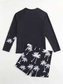 SHEIN Maillot de bain à manches longues avec imprimé palmier pour adolescents garçons, convient pour les vacances à la plage - Noir et Blanc - Voir 2