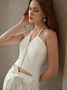 MOTF PREMIUM WOMEN'S SUMMER SOLID COLOR FAUX PEARL & RHINESTONE DECOR RUCHED CROPPED BACKLESS HALTER TOP - Apricot - View 6