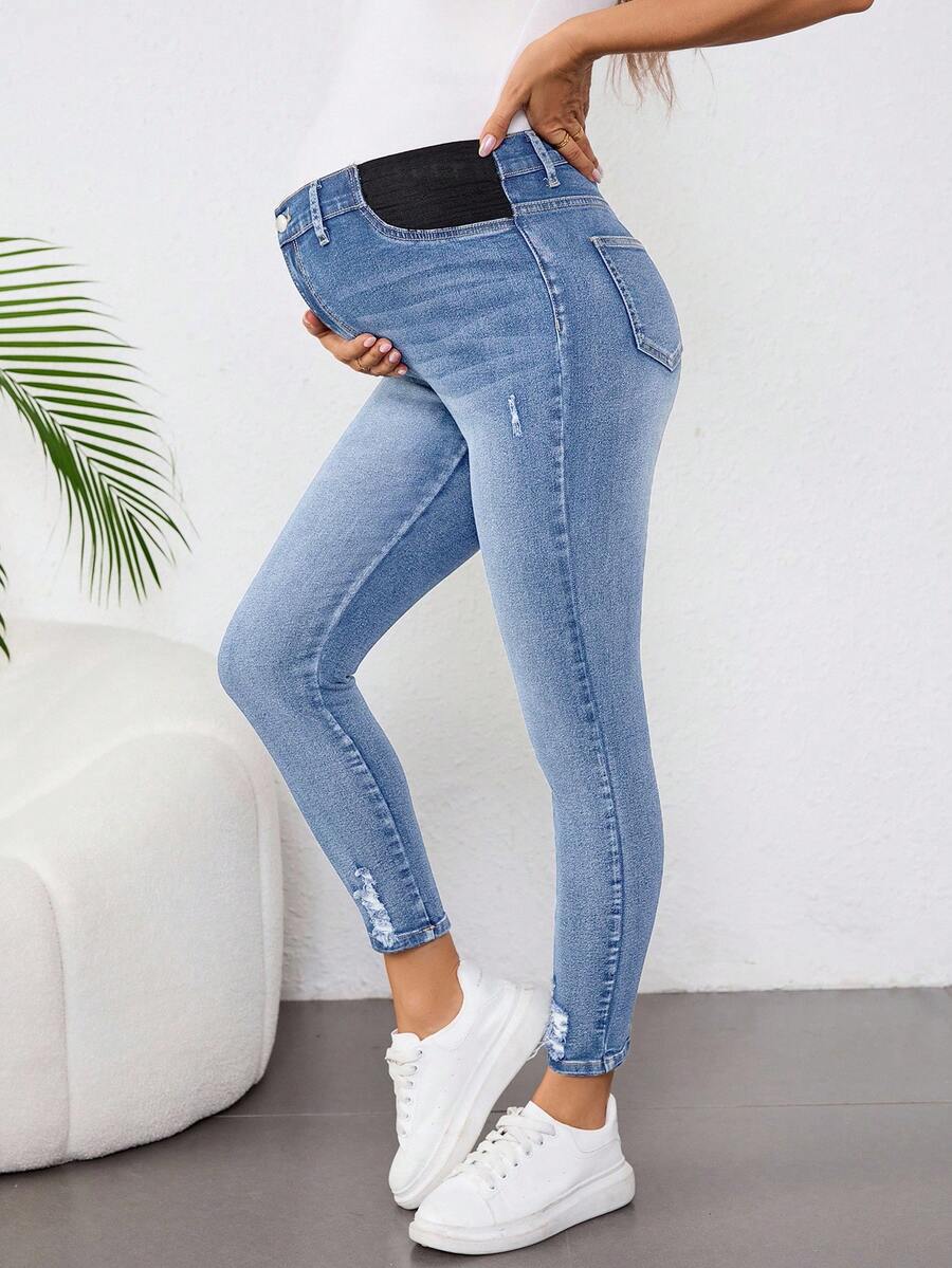 SHEIN Maternity Blue Denim Elastic Skinny Pants - Light Wash - View 1