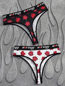 HOT STUFF X SHEIN Quần lót nữ thoải mái, mềm mại, thoáng khí, in hình quỷ hoạt hình. - Đen và trắng - Xem 2