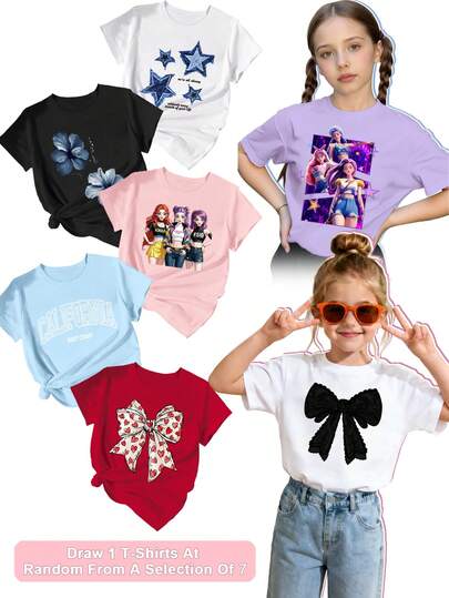 7 ชิ้น/ชุด เสื้อยืดคอกลมแขนสั้นพิมพ์ลายกราฟิกสำหรับเด็กผู้หญิง, ของขวัญเซอร์ไพรส์, เสื้อยืดแฟชั่นลำลองใส่สบาย, เหมาะสำหรับใส่ในชีวิตประจำวัน, ออกนอกบ้าน, ไปโรงเรียน