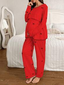 Moonlight&Mama 2pcs Polka Dot Bow Print Nursing Friendly Crew Neck Long Sleeve Top And Pants Maternity Pajama Set - Red - View 3