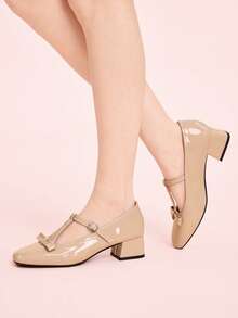 CUCCOO DOLLMOD Retro T-Word With Mary Jane Women's Shoes Women's Elegant Bow Shoes High Heels Square Toe French Patent Leather Shoes Valentine's Day - powder - View 3