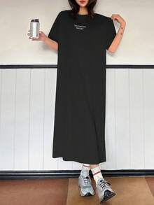 DAZY 新款春夏宽松休闲字母印花长款女士连衣裙户外太阳裙 - 黑色 - 查看 6
