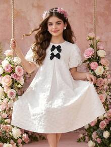 少女优雅花朵泡泡袖蝴蝶结撞色宽松娃娃裙，适合派对、聚会、婚礼季等场合 - 白色 - 查看 10
